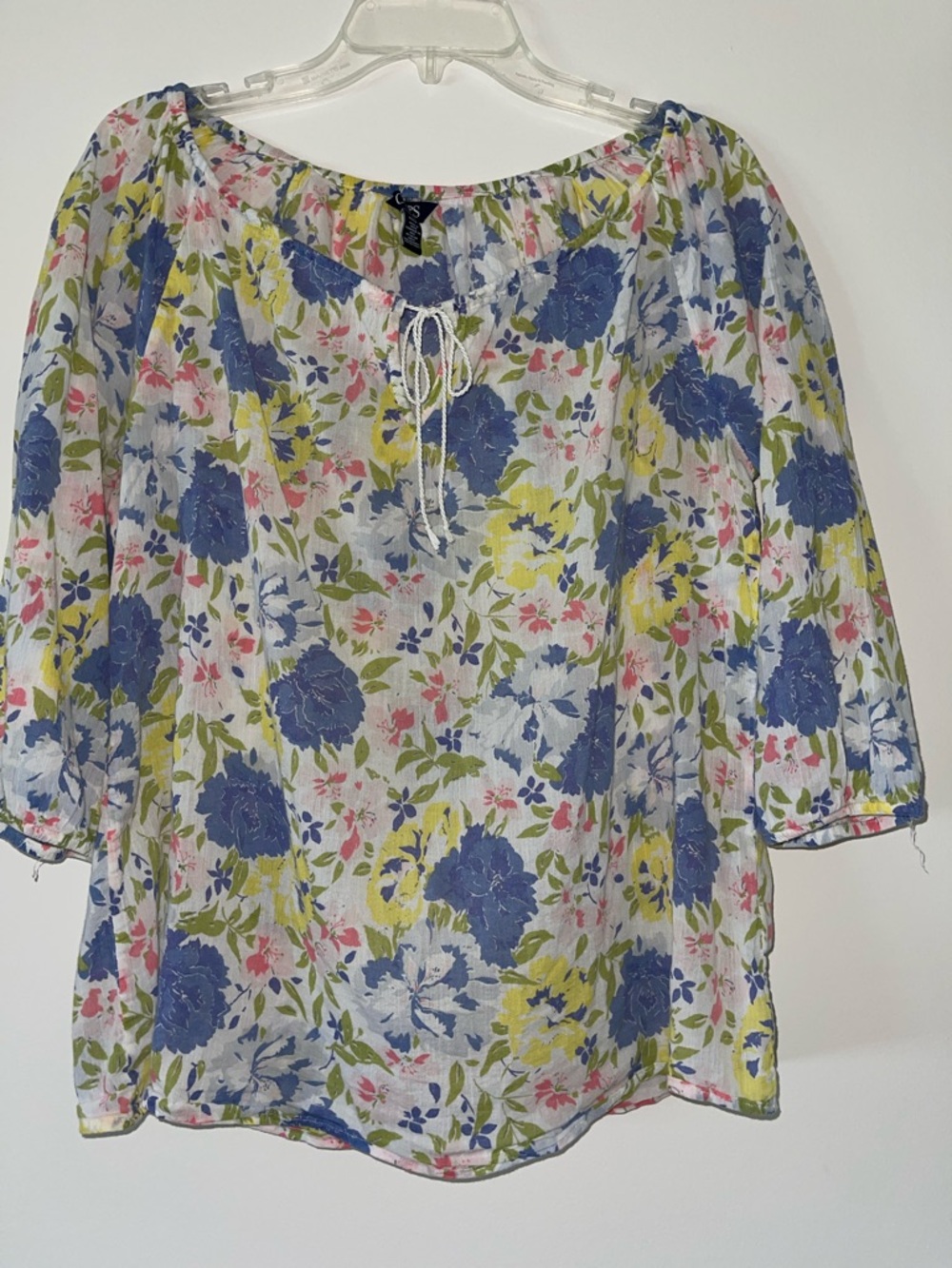 Chaps Blue, Pink and Yellow Floral Peasant Blouse